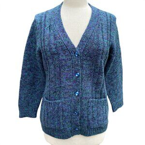 Vintage First Wool Blend Cable Knit Cardigan Green Purple Button Front Indie-L